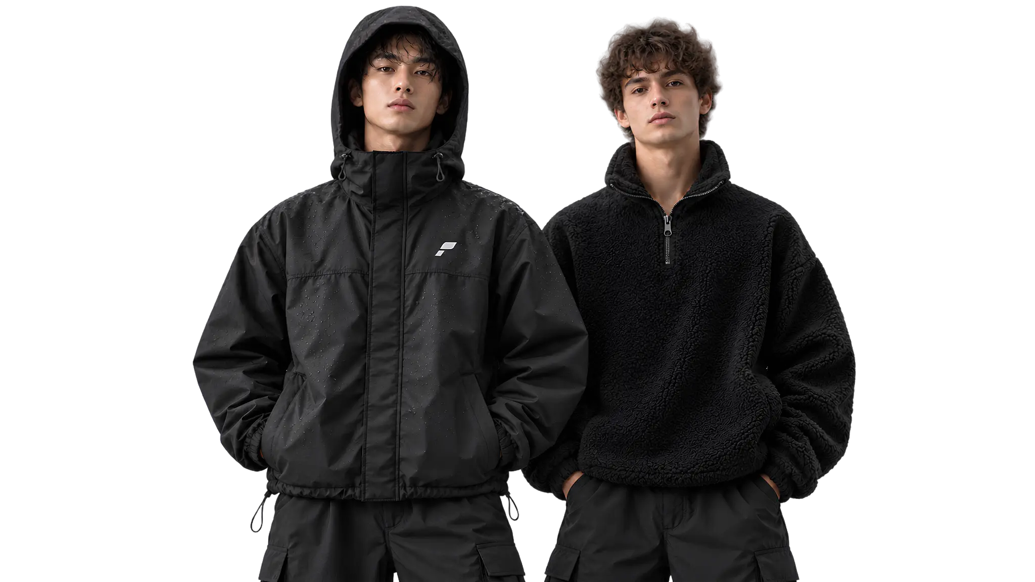Two Pluva models wearing the Shell and Quarter Zip